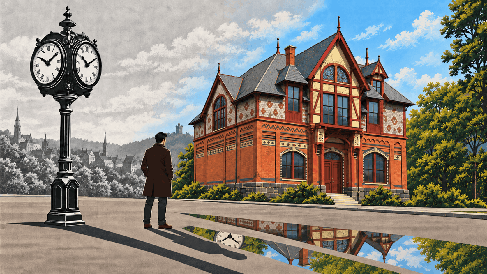 Lost in Time artwork with a street clock, a traveler and a red-brick Beacon building